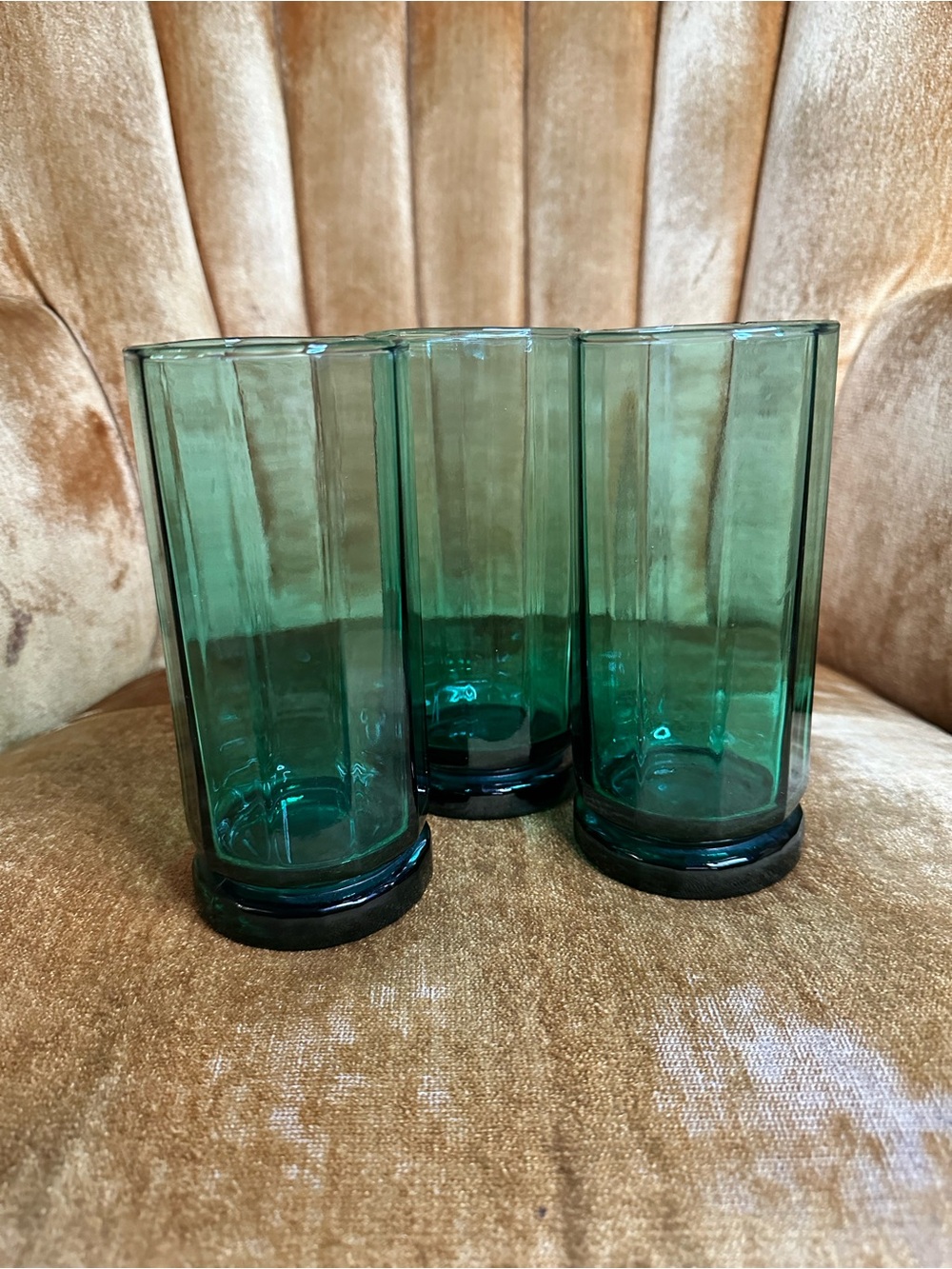 Set of 3 Anchor Hocking Essex Green Faceted Glass Tumblers Vintage 80s